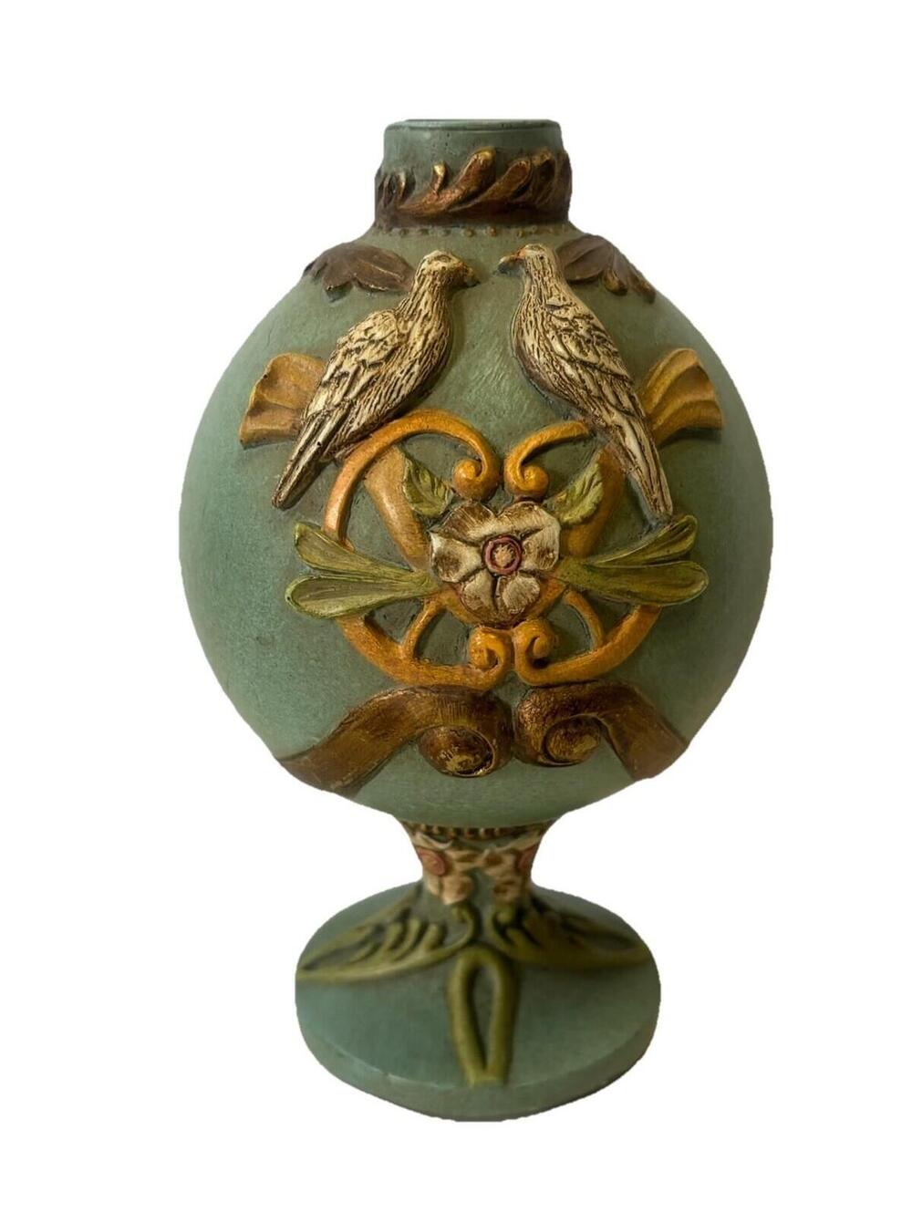 Art Nouveau Green Vase W/ Applied Birds & Floral Relief Cottage Core Maximalist